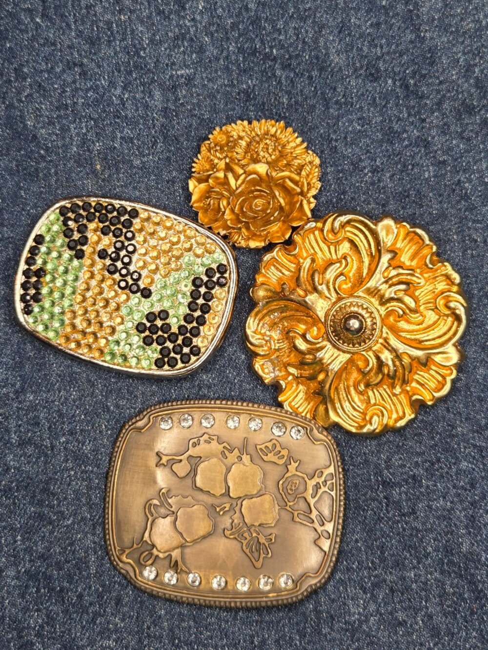 Lot of 4 - Women's Floral and Fluorescent Gold Rhinestone & Bronze Belt Buckles